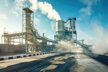 Obraz premium A modern asphalt plant with emission control systems and green initiatives, highlighting environmental responsibility