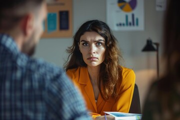 An employee in a meeting room receiving negative feedback from the boss, with charts and graphs showing poor performance