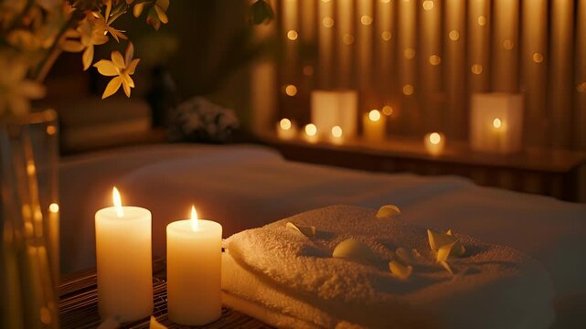 An intimate candlelit room for couples massages with soft lighting and romantic music.