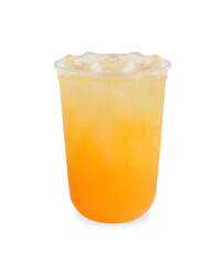 A cup oval plastic of Natural squeezed orange ice on white background