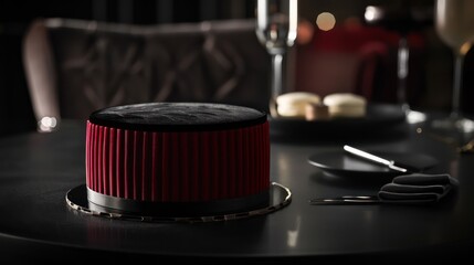 sleek, ruby red cake with minimalist black velvet textures, set against a backdrop of a sophisticated, high-end fashion event