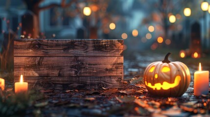 Halloween wooden board with candles and pumpkins wallpaper background
