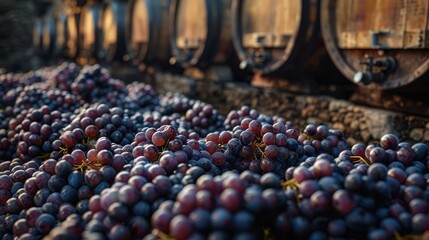 A hyper-realistic photograph of the wine production process, wine tasting, winery, and types of wine