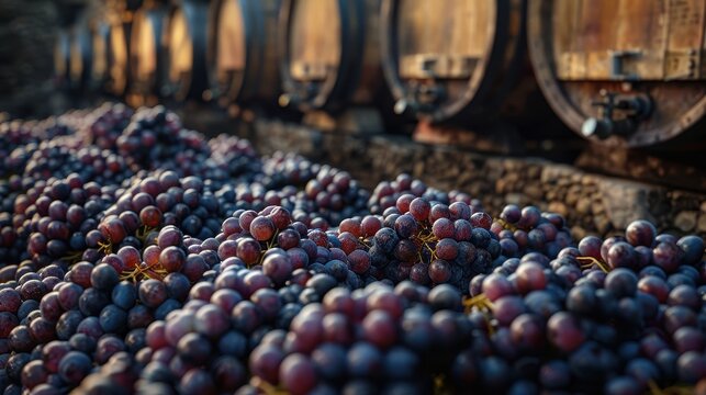 A hyper-realistic photograph of the wine production process, wine tasting, winery, and types of wine