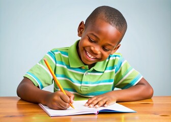 Happy African American elementary school boy with a bright smile writes notes in a colorful notebook on a clean wooden desk.