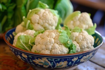 Organic cauliflower heads resting in a patterned ceramic bowl on a kitchen counter