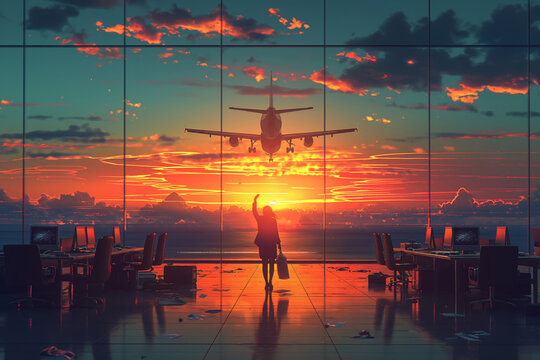 A office lady waving goodbye to the office and walks toward the plane flying in the sky, 