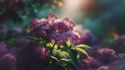 Kwitnący na fioletowo bez oświetlony przebijającymi się promieniami słonecznymi.