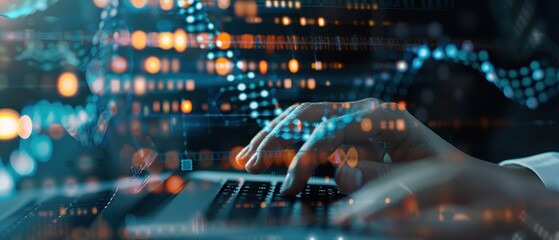 A person is typing on a laptop computer with a colorful background. Concept of creativity and innovation, as the person is using technology to express their ideas and thoughts