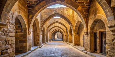 Obraz premium Ancient Mamluk-era arched stone tunnel leads to Al-Muayyad Bimaristan, a historic hospital in Cairo's Darb El Labbana district, evoking historic charm in a serene 4K depiction.