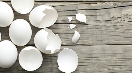 Fragile Beauty: Broken Eggshells on Rustic Wood