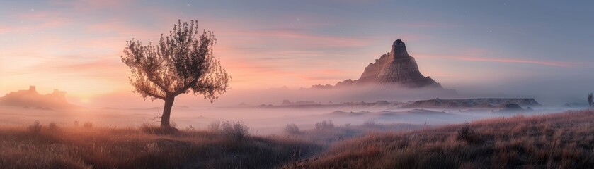 Obraz premium A tree stands alone in a field of snow. The sky is a mix of orange and pink hues, creating a serene and peaceful atmosphere