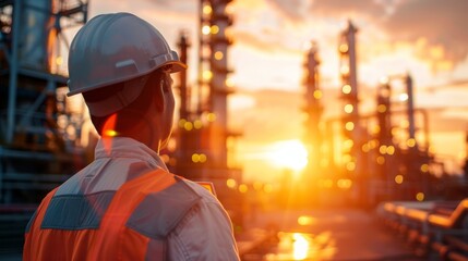 Engineer performing maintenance on an oil refinery, energy infrastructure, concept