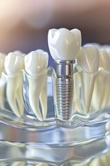 A dental model with a tooth missing and a screw in it. Concept of dental restoration and the importance of maintaining good oral hygiene