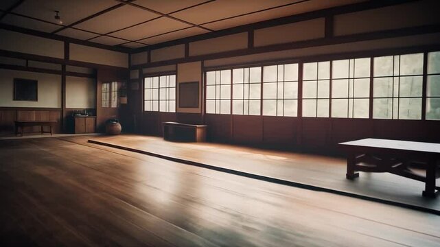 Spacious room for martial arts practicing. Traditional interior for dojo or karate school hall. 