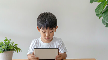 A young boy in a white shirt intently using a tablet at a wooden table, with green plants in the background, highlighting the concept of modern technology in education.