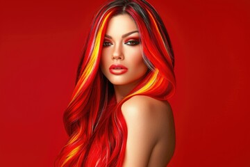 Fototapeta premium A woman with long, flowing red and yellow hair stares intensely at the camera, her red lips and smokey eye makeup adding to her striking beauty