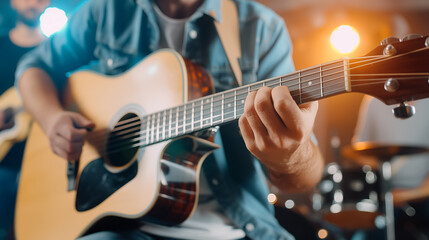Obraz premium Close-up of a musician playing an acoustic guitar on stage, highlighting the skill and passion of live music performance