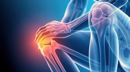 A person is holding their knee in pain. The knee is bent and the person is wearing a white shirt