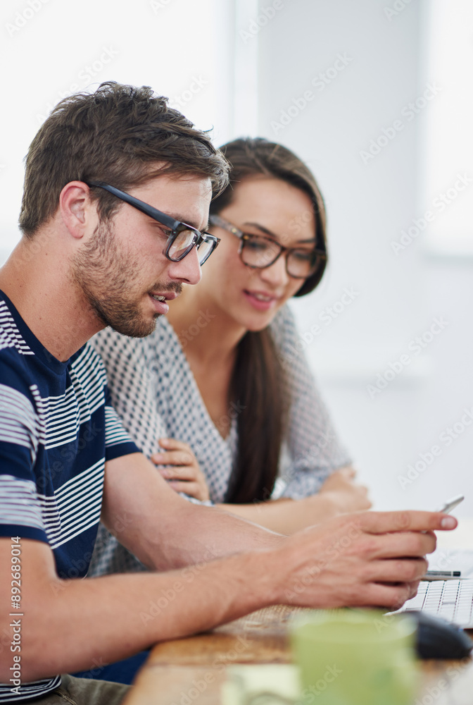 Poster Business people, collaboration and mobile in office for planning, research and app development. Programming team, workers and phone with wireframe update, check algorithm and link for seo statistics