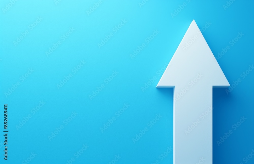 Poster white arrow pointing up on blue background in minimalistic flat design style