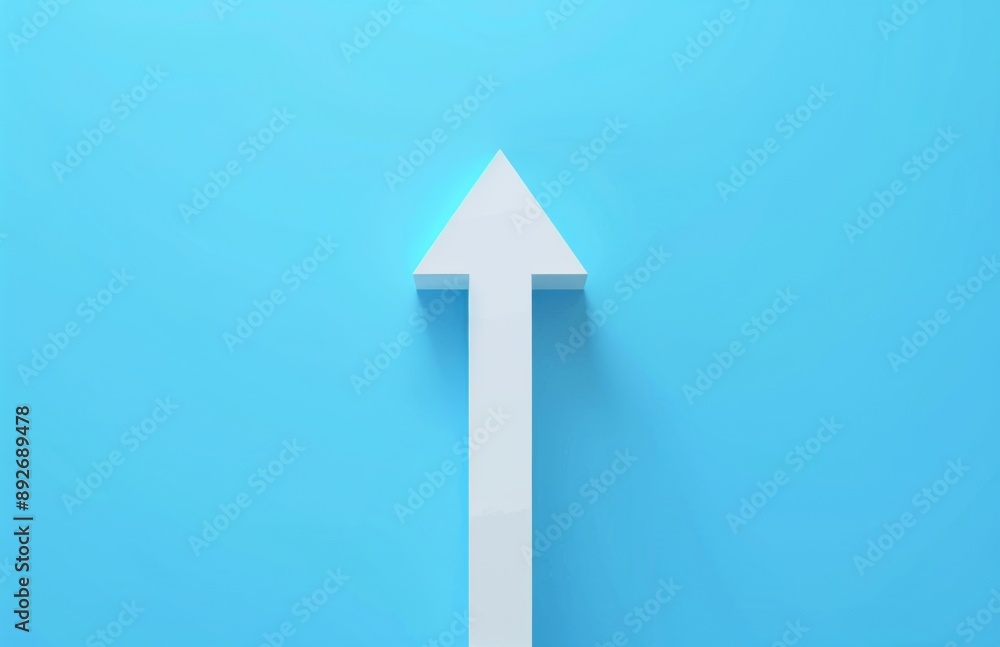 Poster white arrow pointing up on blue background in minimalistic flat design style
