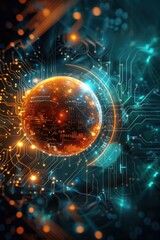 Obraz premium A glowing orange circle with a spiral inside of it. The circle is surrounded by a lot of small dots