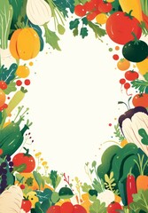 Colorful Vector Illustration of Fruits and Vegetables on White Background with Simple Lines and Shapes