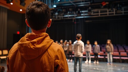 Young actor is watching other actors rehearse a scene on a stage