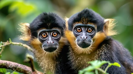 Obraz premium Two Golden-headed Langur monkeys sit closely together on a branch in a lush, green rainforest.