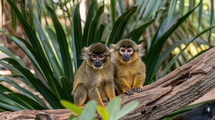 Obraz premium Two Golden-headed Langur monkeys sit closely together on a branch in a lush, green rainforest