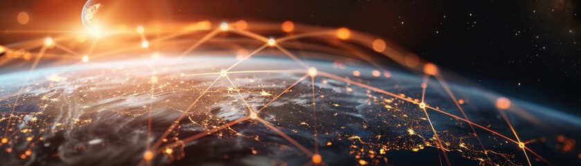 A satellite is flying through space with a bright orange sun in the background. The satellite is surrounded by a lot of stars and the sky is filled with light