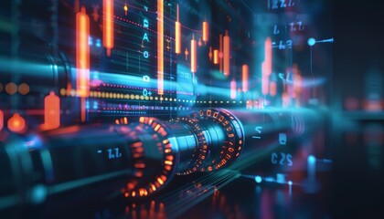 Image of oil pipeline with fluctuating price charts, supply chain economics, concept