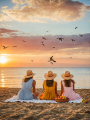 Three women friends in summer dresses and straw hats sit on the beach, watching the sunset and seagulls flying above.