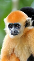 Obraz premium Two Golden-headed Langur monkeys sit closely together on a branch in a lush, green rainforest