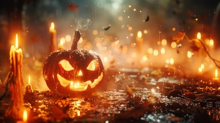 Naklejka premium Pumpkins and candles shiny scary creepy halloween composition wallpaper background