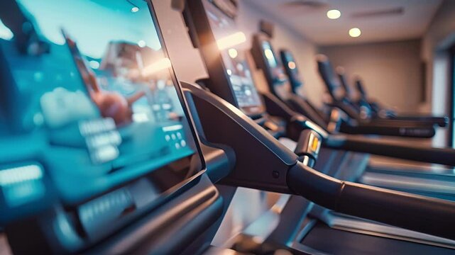 A row of treadmills facing a large wallmounted TV creating an enjoyable workout experience.