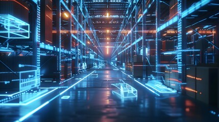 Smart warehouse. Automatic stock storage, modern distribution building, ecommerce warehouse, digital logistics, smart package hardware, AI delivery system, innovation in cargo, commercial storehouse