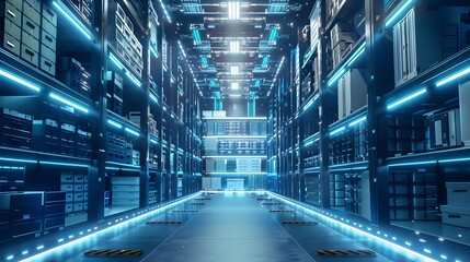 Obraz premium Smart warehouse. Automatic stock storage, modern distribution building, ecommerce warehouse, digital logistics, smart package hardware, AI delivery system, innovation in cargo, commercial storehouse