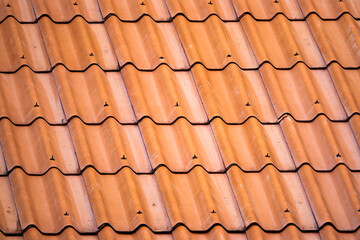 The roof is made of red tiles and has a pattern of squares. The tiles are arranged in a way that creates a sense of depth and texture. Scene is warm and inviting