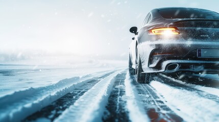 Fototapeta premium A blue car is stuck in the snow. The scene is desolate and cold, with no other cars or people in the area