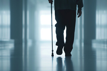 A person with multiple sclerosis, using a walking cane for support