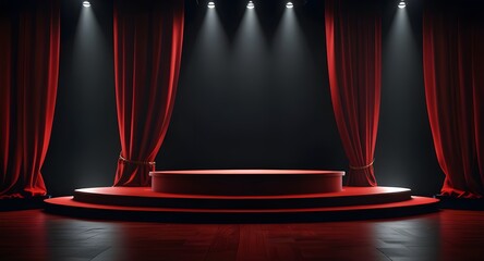 Stage podium background red light spotlight curtain theater show platform. Stage 3D background podium award cinema winner movie carpet pedestal fabric concert abstract studio dark vip empty silk club