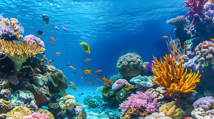 Vibrant coral reef teeming with colorful fish swimming in the crystal clear blue waters.