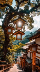 Fototapeta premium A set of wooden steps leading up a hillside in a Japanese forest. The steps are lined with traditional lanterns with thatched roofs, and the area is covered in fallen leaves