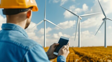 A technician checking the performance of wind turbines from a mobile app, standing in a field, high-resolution photo, realistic photo, cinematography, hyper realistic