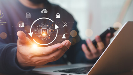 Digital transformation change management, internet of things. new technology bigdata and business process strategy, customer service management, cloud computing, smart industry.Aitechnology.