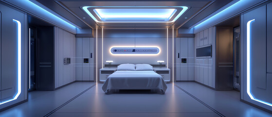 A futuristic hospital ward with telemedicine robots and advanced diagnostics