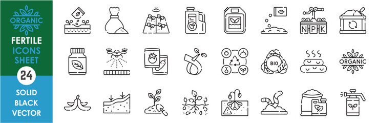 A set of line icons related to fertile soil. Agriculture, fertile, fertilizer, organic, decompose, soil, spray, vegetables, worms, healthy, drone, and so on. Vector outline icons set.