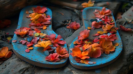 a pair of blue sandals with flowers on them.